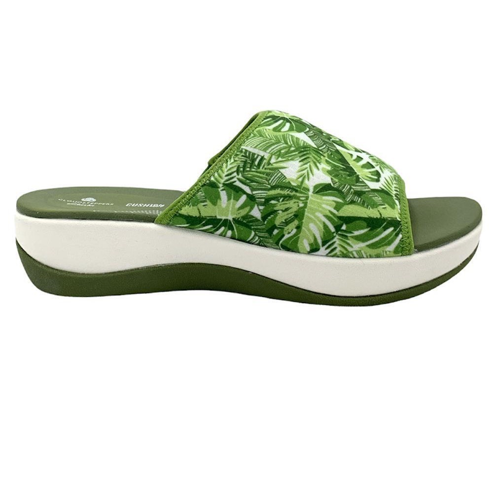 NEW!! Women’s Clarks Arla Nora Green Palm Tree Print Slide Sandal Size 8W